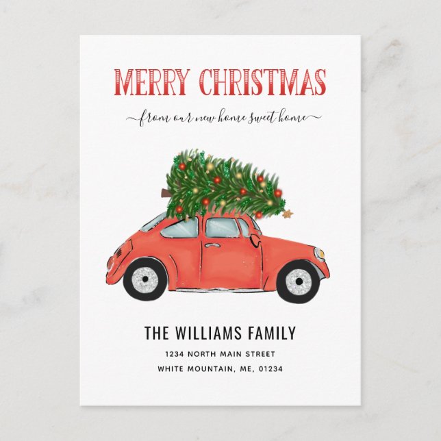 Fröhliche Weihnachten Vintager Rote Autos Ankündigungspostkarte (Vorderseite)