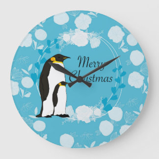 fröhliche Weihnachten, Weihnachten, Pinguin, Blume Große Wanduhr