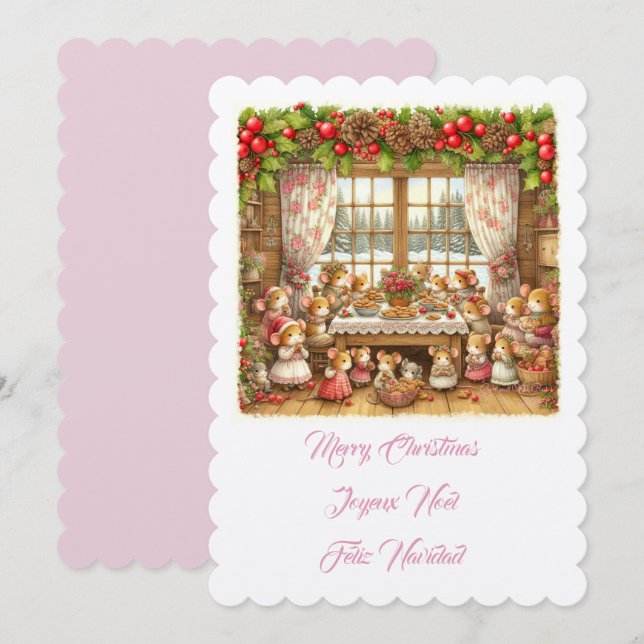 Fröhliche Weihnachts-Familienmäuse-Illustration Einladung (Vorne/Hinten)