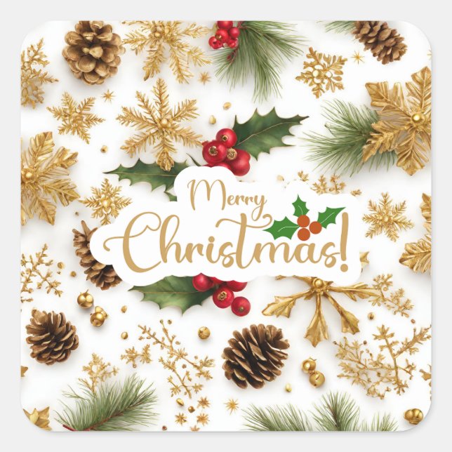 Fröhliche Weihnachts-farbenfrohe Berries, Goldene  Quadratischer Aufkleber (Vorderseite)
