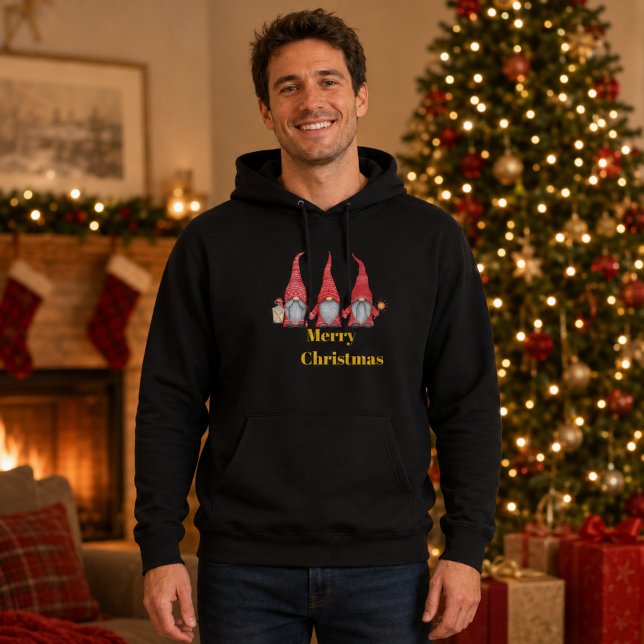 Fröhliche Weihnachts-Gnome Herren-Schwarz-Pullover Hoodie (Von Creator hochgeladen)