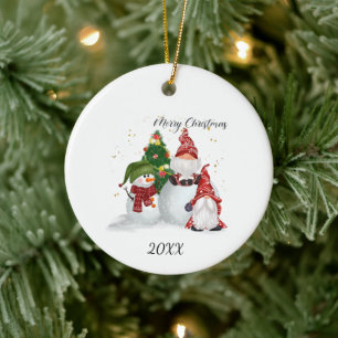 Fröhliche Weihnachts-Gnome Schneemann Keramik Ornament