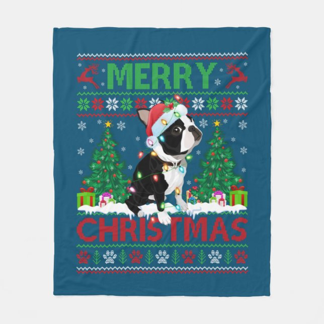 Fröhliche Weihnachts-Lighting Ugly Boston Terrier  Fleecedecke (Vorderseite)