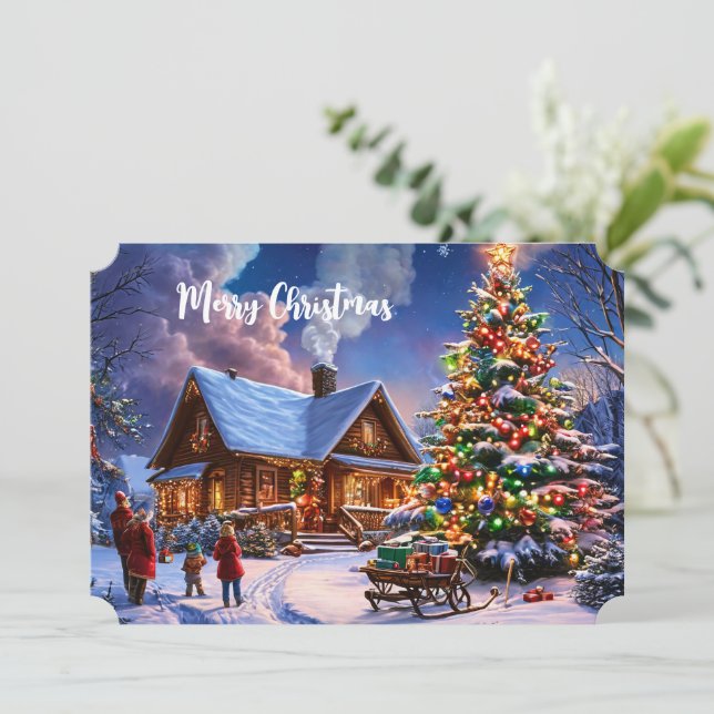Fröhliche Weihnachts Postcard Gemütliche Snowy Cab Einladung (Stehend Vorderseite)