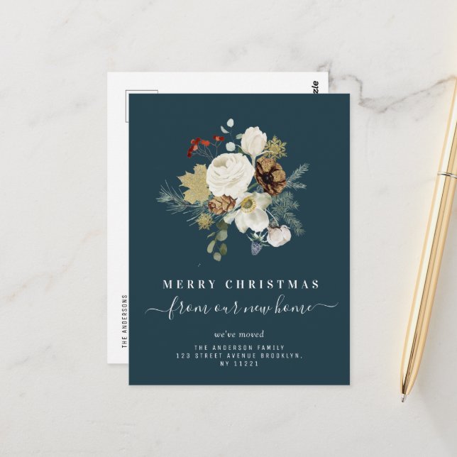 Fröhliche Weihnachtsankündigung mit florenträchtig Postkarte (Vorderseite/Rückseite Beispiel)