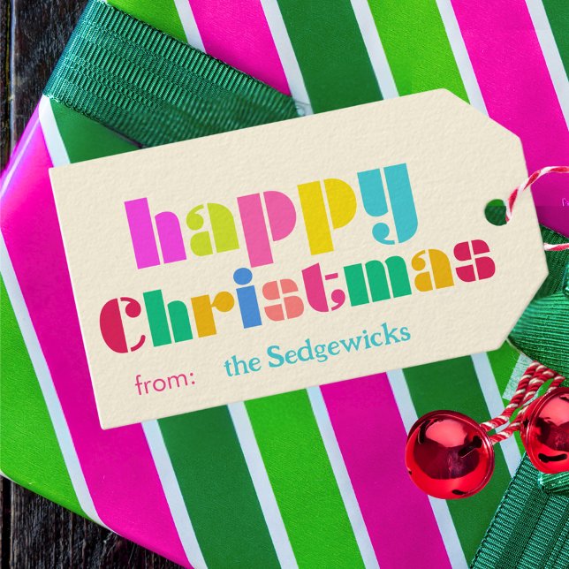 fröhliche Weihnachtsküche Personalisierter Regenbo Geschenkanhänger (happy Christmas personalized gift tag in bright rainbow colors)