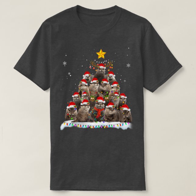 Fröhliche Weihnachtsleuchten Baum Otter Santa Deko T-Shirt (Design vorne)