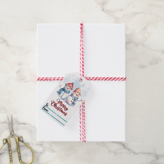 Fröhliche Weihnachtslieder mit Schneemännern Geschenkanhänger (Mit Garn)