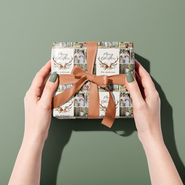 fröhliche Weihnachtsschrift rustikales Antler Foto Geschenkpapier (Von Creator hochgeladen)