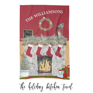 *Fröhliche Weihnachtsszene Kamin Geschenke Geschirrtuch
