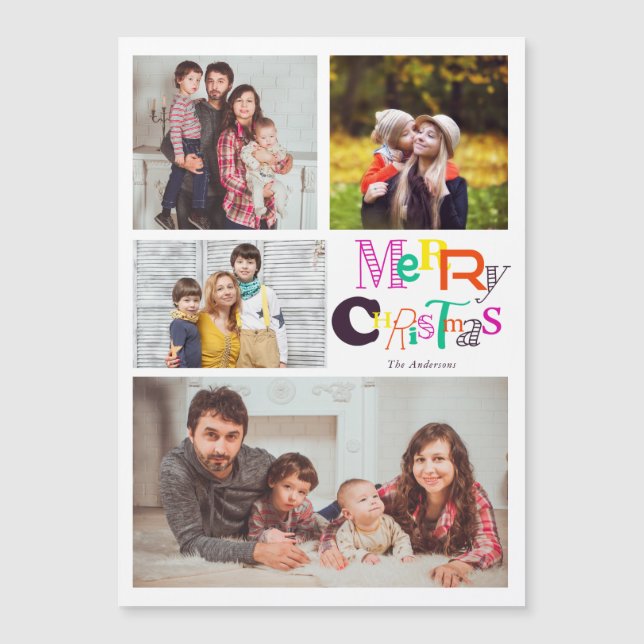 fröhliche Weihnachtstypografie 4 Foto Collage Magnetkarte (Vorderseite)
