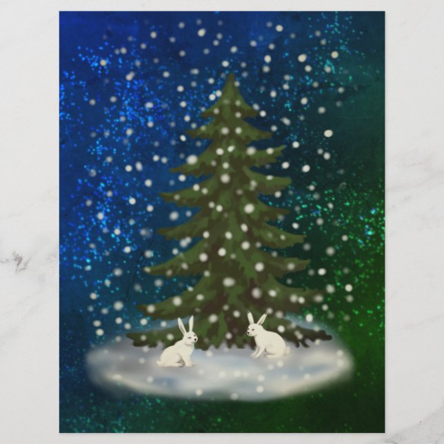 Fröhliche weiße Weihnachtsbunnies unter einer Fich Briefbogen (Vorderseite)