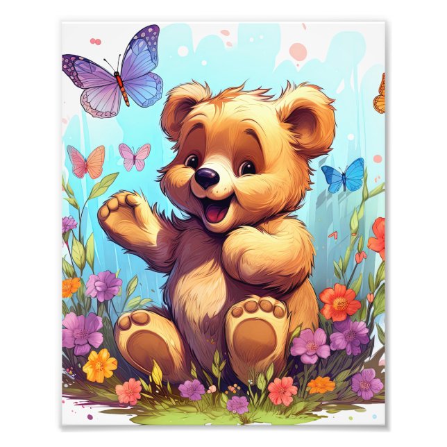 Fröhlicher Bär mit Schmetterling und Blume Fotodruck (Vorne)