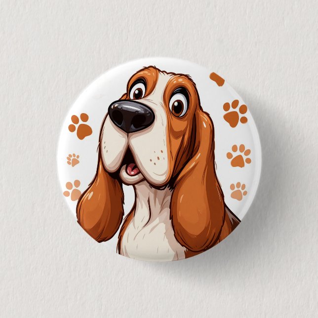 Fröhlicher Basset Hund mit Orange Pawprints Button (Vorderseite)