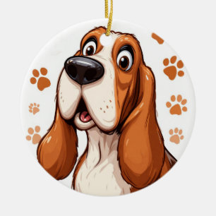 Fröhlicher Basset Hund mit Orange Pawprints Keramik Ornament