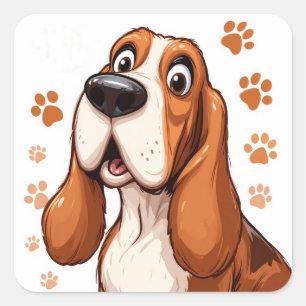 Fröhlicher Basset Hund mit Orange Pawprints Quadratischer Aufkleber
