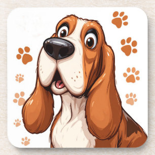 Fröhlicher Basset-Hund mit orangen Pfotenabdrücken Getränkeuntersetzer