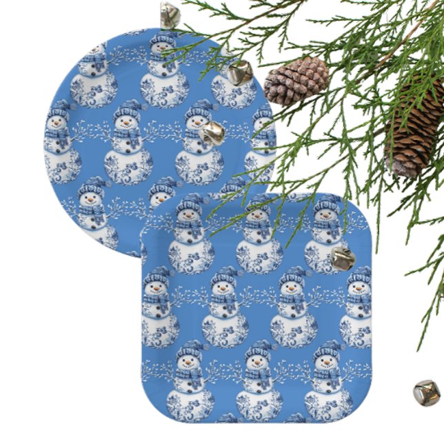 Fröhlicher blauer weißer glücklicher Schneemann  Pappteller (Jolly snowman paper party plates!)