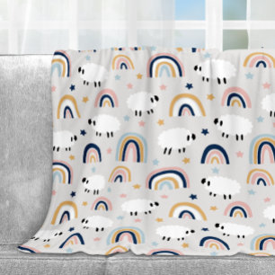 Fröhlicher Boho-Schaf-Regenbogen-Druck Fleecedecke