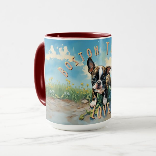 Fröhlicher Boston Terrier Liebe-Kaffee Tasse (Vorderseite Links)