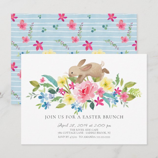Fröhlicher Bunny Floral Osterbrunch Einladung (Vorne/Hinten)