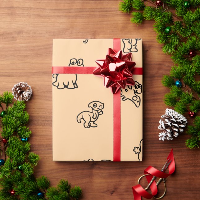 Fröhlicher Cartoon Dinos auf Soft Peach Geschenkpapier (Feiertagsgeschenk)