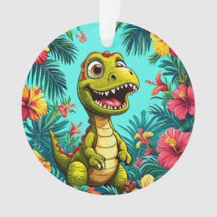 Fröhlicher Cartoon-Dinosaurier mit tropischen Blum Ornament