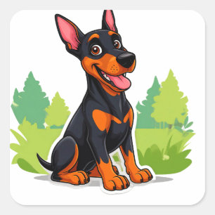 Fröhlicher Cartoon-Dobermann sitzt im Freien Quadratischer Aufkleber