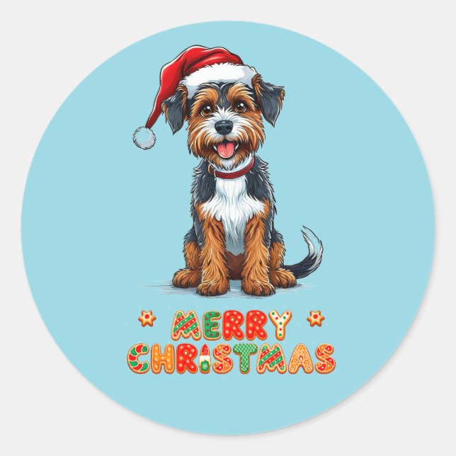 Fröhlicher Cartoon Dog Tragen einer Weihnachtsmann Runder Aufkleber (Vorderseite)