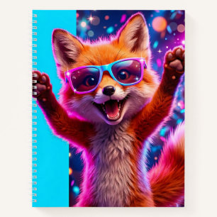 Fröhlicher Cartoon-Fuchs mit leuchtend orangefarbe Notizbuch