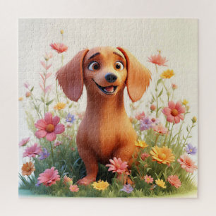 Fröhlicher Cartoon-Hund auf einem Blumenfeld