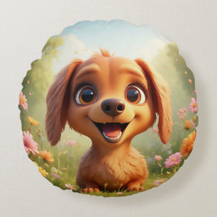 Fröhlicher Cartoon-Hund auf einem Blumenfeld Rundes Kissen