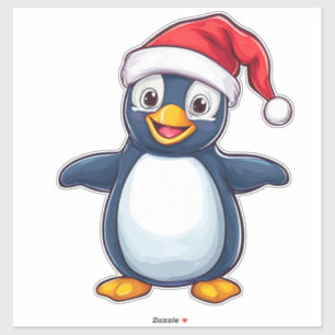 Fröhlicher Cartoon-Pinguin mit Weihnachtsmannmütze Aufkleber