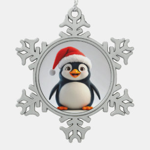 Fröhlicher Cartoon-Pinguin mit Weihnachtsmannmütze Schneeflocken Zinn-Ornament