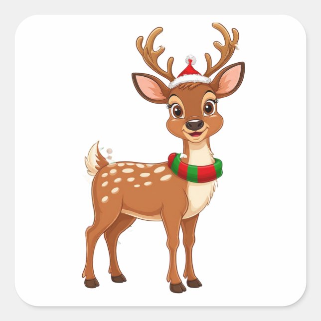 Fröhlicher Cartoon Reindeer Quadratischer Aufkleber (Vorderseite)