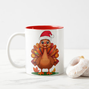 Fröhlicher Cartoon Türkei Weihnachtsmannmütze trag Zweifarbige Tasse