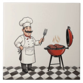 Fröhlicher Chef Burger: Koch grillt Hamburger auf  Fliese