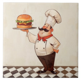 Fröhlicher Chef Burger: Koch präsentiert Hamburger Fliese