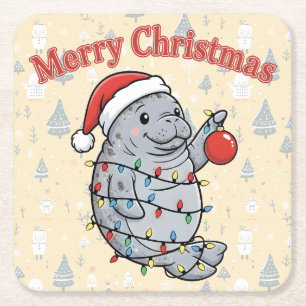 Fröhlicher Chrismiss Manatee Süße Dicke Seekuh Wei Rechteckiger Pappuntersetzer