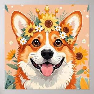 Fröhlicher Corgi-Hund mit Kranz aus Gänseblümchen  Poster