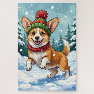 Fröhlicher Corgi-Hund springt im Schnee mit Pom-Po
