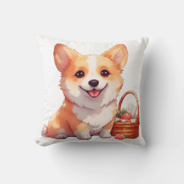 Fröhlicher Corgi mit einem Picknickkorb Kissen
