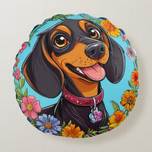 Fröhlicher Dachshund umgeben von farbenfrohen Blum Rundes Kissen