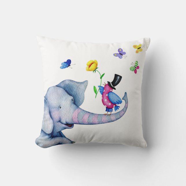 Fröhlicher Elefant mit Vögeln und Schmetterlingen Kissen (Vorderseite)