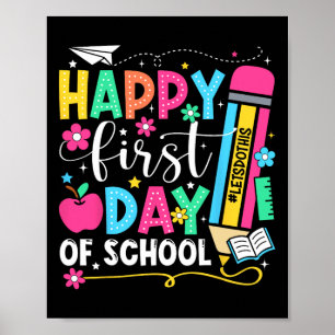Fröhlicher erster Schultag Bleistift Lehrer Kinder Poster