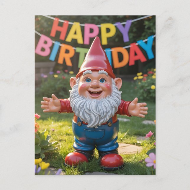 Fröhlicher Gartenzwerg mit "Alles Gute zum Geburts Postkarte (Vorderseite)