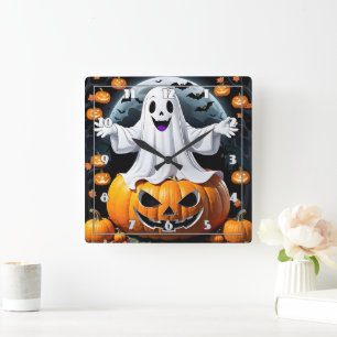 Fröhlicher Geist unter Kürbis zu Halloween Quadratische Wanduhr