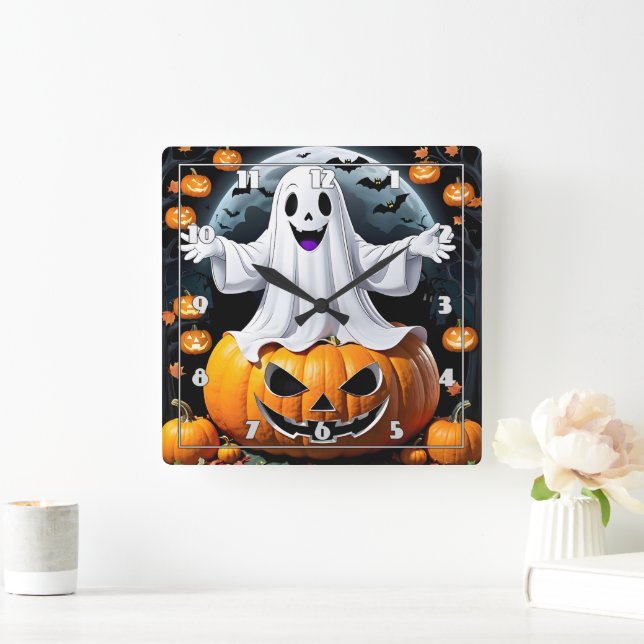 Fröhlicher Geist unter Kürbis zu Halloween Quadratische Wanduhr (Zuhause)