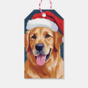 Fröhlicher Golden Retriever Weihnachtshund mit W Geschenkanhänger