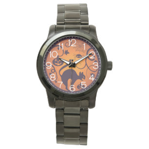 Fröhlicher Halloween-Kürbis-Laterne schwarze Katze Armbanduhr